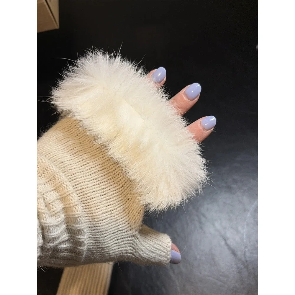Women Fingerless Gloves Faux Fur Knitted Fall Winter Warmer Wrist